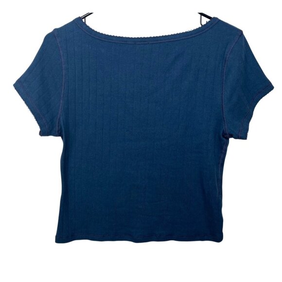 Free People Intimately End Game Pointelle Baby Tee Navy Blue Scoop Neck Large - Picture 9 of 10